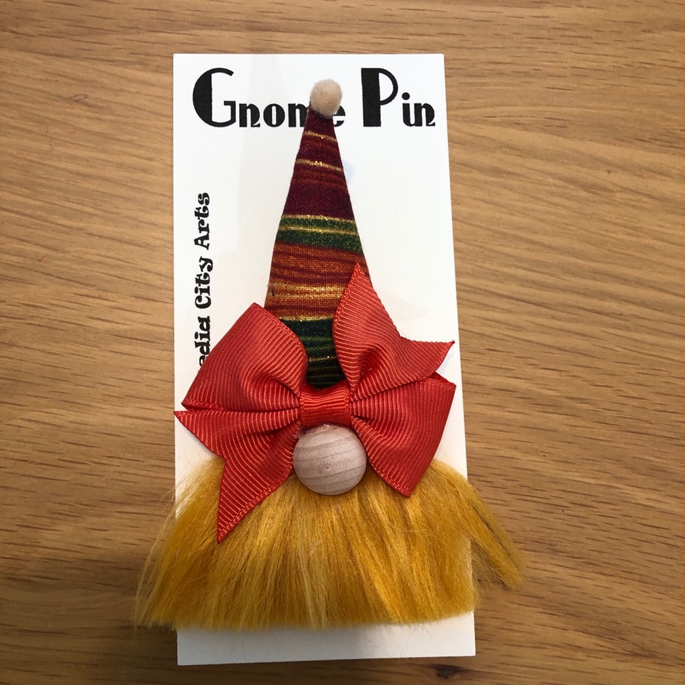 Striped Gnome Pin Brooch Handmade Gift Guide Bow Magnetic Fall Christmas Colors